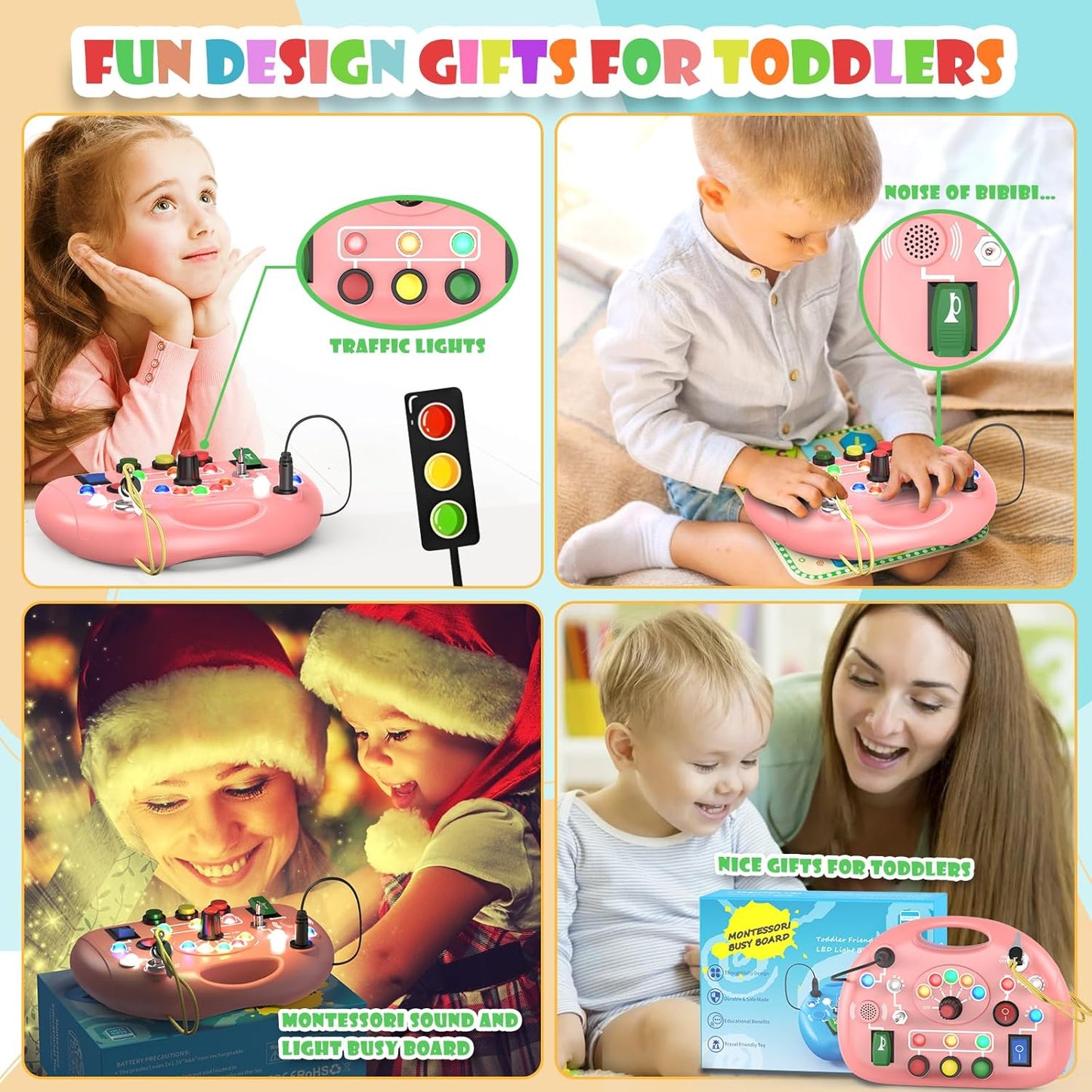 Montessori Busy Board with LED Light for Toddlers 2-4 Year Old, Sensory Toys with Sounds & Switches, Car Driving Travel Toys for Kids, Preschool Busy Book Boy and Girls Birthday Gifts (Pink)