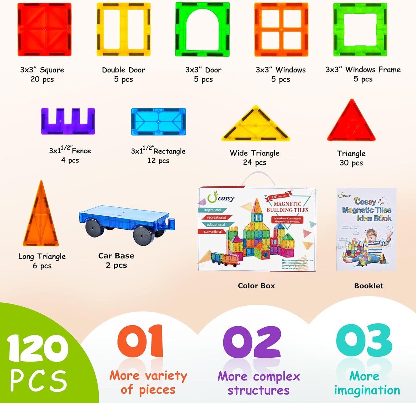 cossy 60 Pcs Magnet Tiles Magnetic 3D Building Blocks Set Educational Construction Toys for 3+ Year Kids with Stronger Magnets, Rivets-Fastened, Educational,Recreational, Conventional