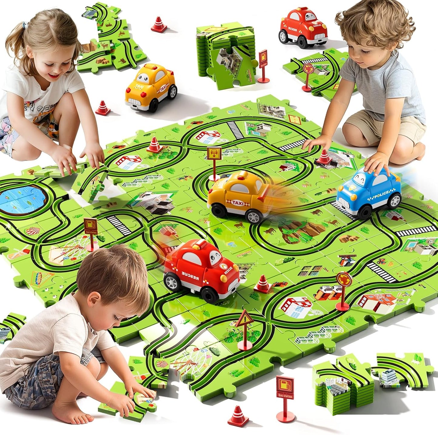 Beby Buty 64PCS Puzzle Track Car Set Toys for Kids Boys, Toddler Toys Gifts for 3 4 5 Year Old, Floor Puzzle Tracks Car for Boys Ages 3-5 4-6, for 3 4 5 6 Year Old