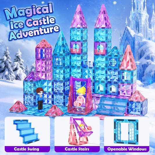 Coodoo Diamond Magnetic Tiles Magnetic Building Blocks STEM Sensory Toy for Boys Girls Pink Castle Dollhouse Pretend Princess Toys for 3 4 5 6 Year Old Girls Toys Birthday Xmas Present