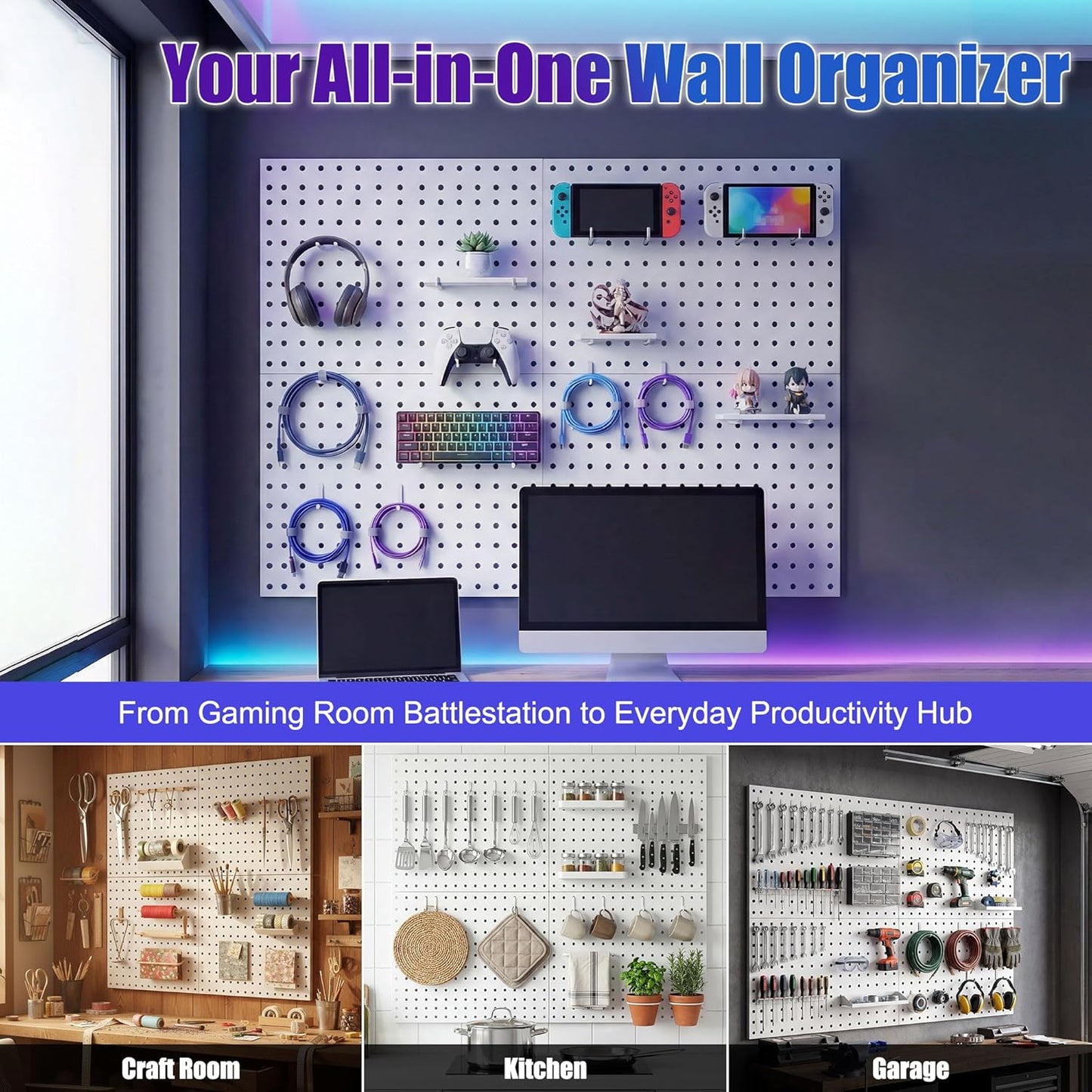 Spampur Peg Board, 4 Pack Metal PegBoard Organizer with Accessories, White Pegboard Panels with 50 Pcs Hooks and Baskets, Wall Organizer for Office, Craft Room Organization, Garage, Sewing Room