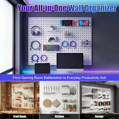 Spampur Peg Board, 4 Pack Metal PegBoard Organizer with Accessories, White Pegboard Panels with 50 Pcs Hooks and Baskets, Wall Organizer for Office, Craft Room Organization, Garage, Sewing Room