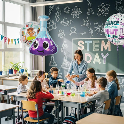 Science Party Decorations for Kids | 4 Pack STEM Foil Balloons with Lab Beaker and Science Icons | Educational Birthday Party Supplies for Classroom and Mad Scientist Theme