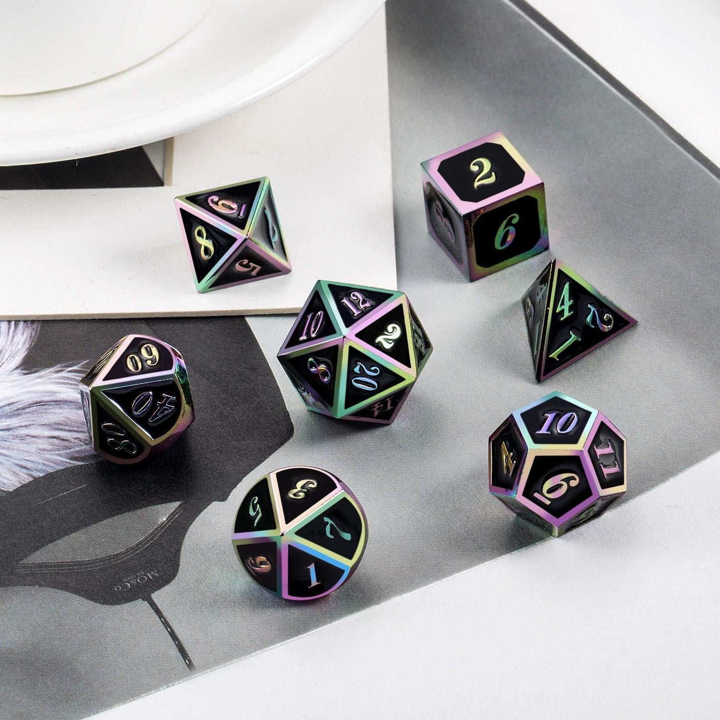 DnDnD Heavy Polyhedral Metal Dice Set with Metal Box, 7-die Shiny Blue Surface with Golden Number for RPG,Dungeons and Dragons,Pathfinder,Shadowrun,D&D,Role Palying Game and Math Teaching - Colors B
