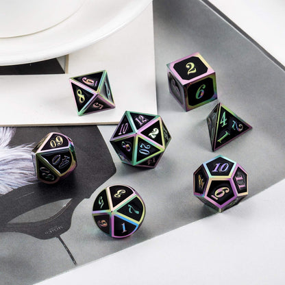 DnDnD Heavy Polyhedral Metal Dice Set with Metal Box, 7-die Shiny Blue Surface with Golden Number for RPG,Dungeons and Dragons,Pathfinder,Shadowrun,D&D,Role Palying Game and Math Teaching - Colors B