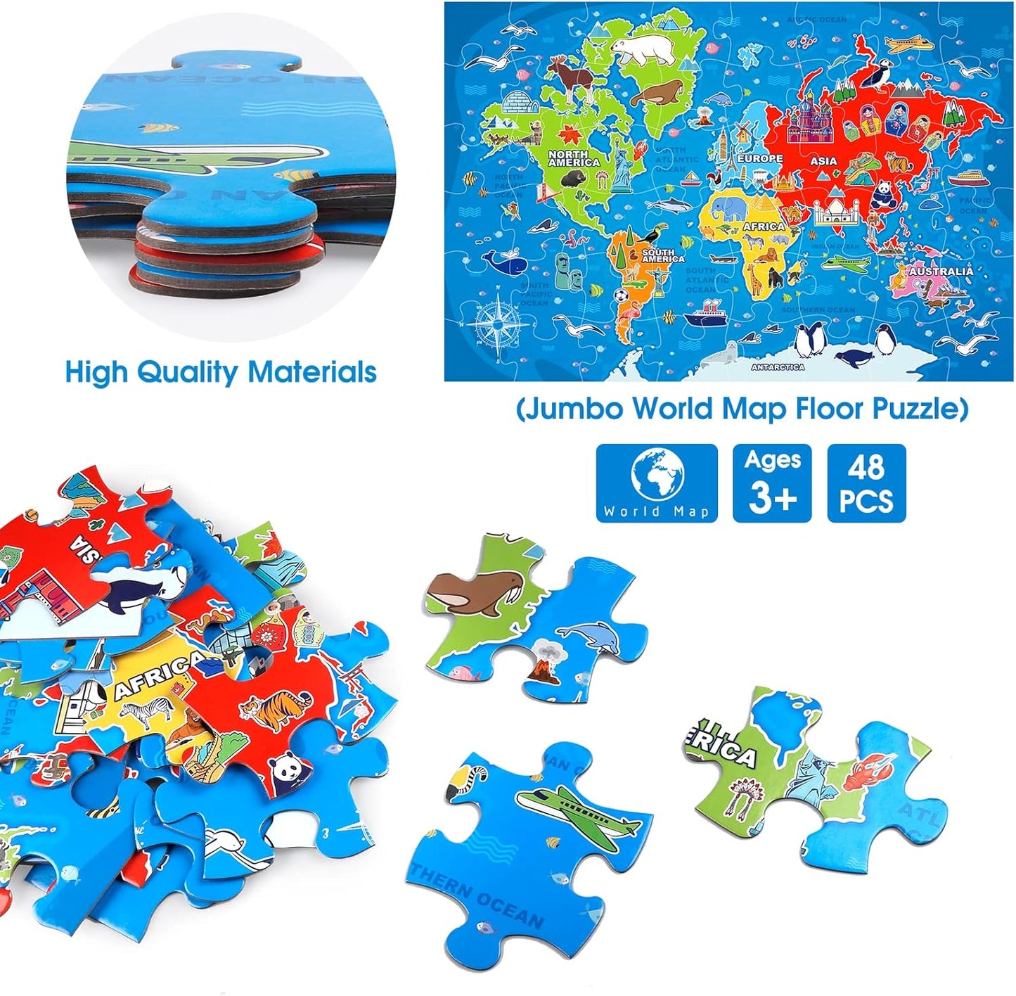 Jumbo Floor Puzzle for Kids,World Map Jigsaw Geography Puzzles,48 Piece Globe Atlas Puzzle with Continents,United States Puzzle for Ages 3-5,Preschool Learning Toys Easter Gift for 4-8 Years Old
