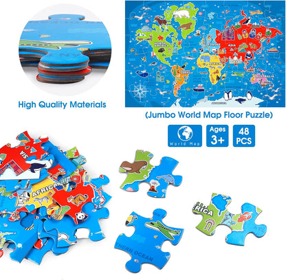 Jumbo Floor Puzzle for Kids,World Map Jigsaw Geography Puzzles,48 Piece Globe Atlas Puzzle with Continents,United States Puzzle for Ages 3-5,Preschool Learning Toys Easter Gift for 4-8 Years Old