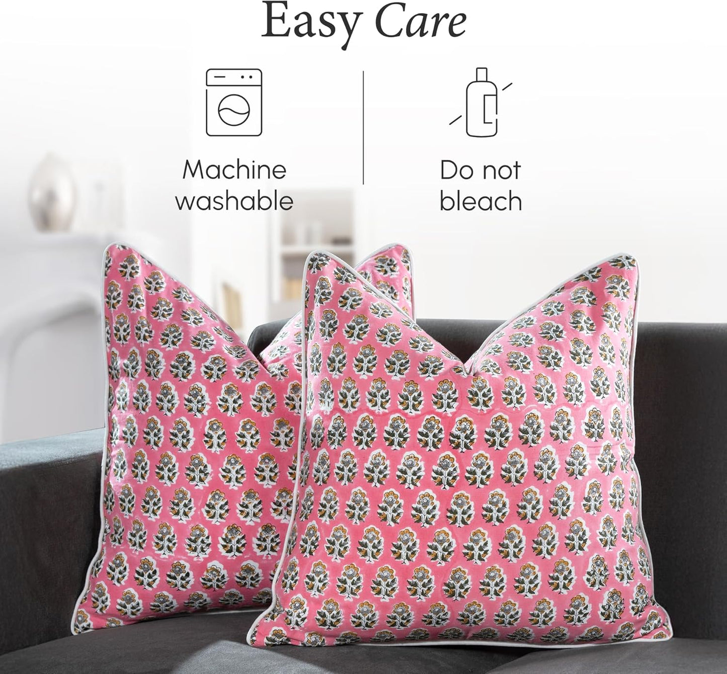 CPC 100% Cotton Throw Pillow Covers 18x18 Inch, Set of 2 Green Block Print Pattern Couch Pillow, Cute Boho Decorative Pillows for Living Room, Bedroom with Hidden Zipper- Agate Green