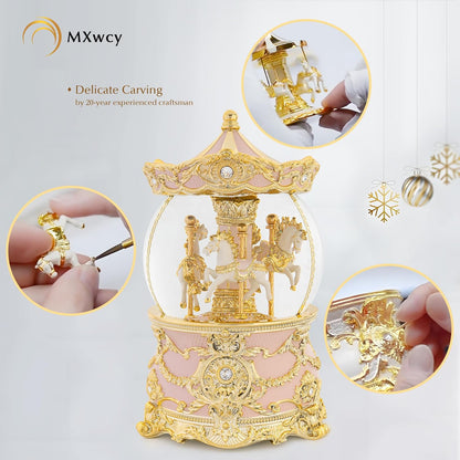 Carousel Music Box Gold & Ivory Christmas Snow Globes, 8.3" Rotate Carousel Snow Globe for Kids & Adults, Classic Wind up Musical Snow Globe Birthday Gifts for Women Girls, Carousel Horse Home Decor
