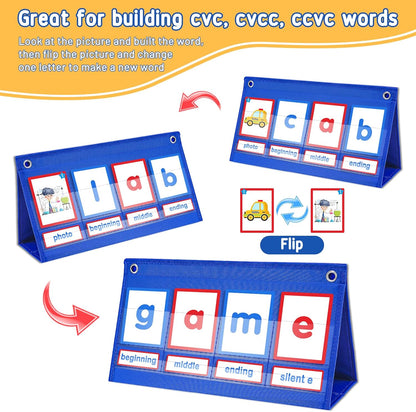 AKAYOK CVC Word Building Desktop Pocket Chart with 108 Phonics Flash Cards for Early Reading & Spelling | Alphabet Learning Tools for Preschool, Kindergarten, and Homeschooling