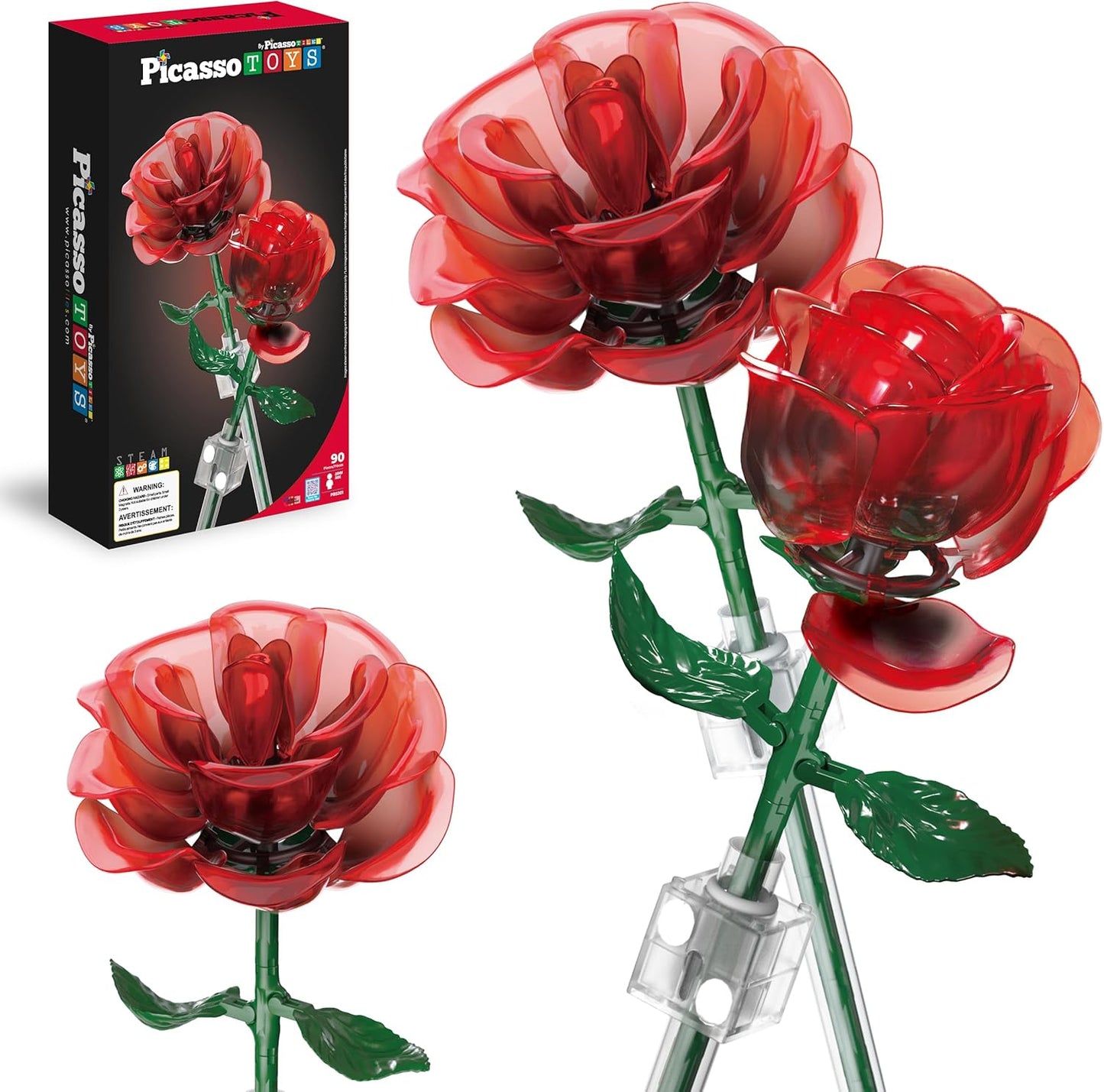 PicassoTiles Red Stem Rose Building 45pc Set With Magnetic Hold Piece Creative Hands-On Play Discovery Activity Kit Room Decor Gifts For Mother’s Day Present Display Flower Boys Girls Kid Age 3+ PBS20