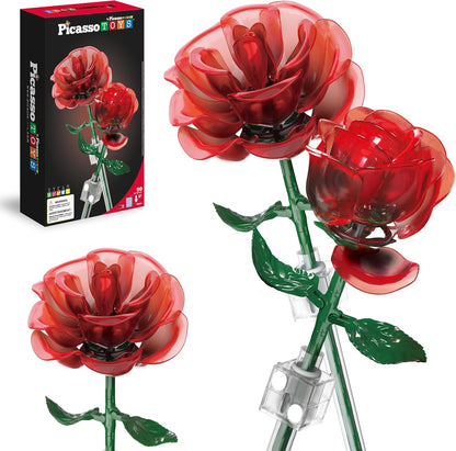 PicassoTiles Red Stem Rose Building 45pc Set With Magnetic Hold Piece Creative Hands-On Play Discovery Activity Kit Room Decor Gifts For Mother’s Day Present Display Flower Boys Girls Kid Age 3+ PBS20