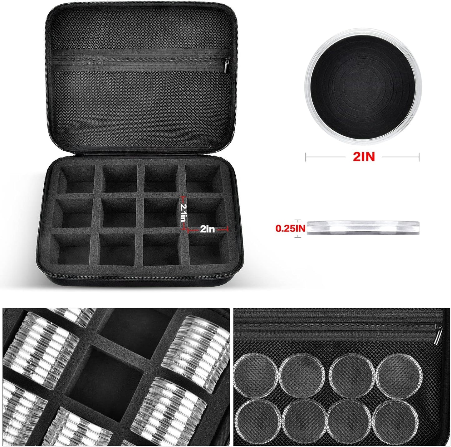 PAIYULE 96 Pieces 46mm Coin Capsules, with Foam Gasket and Plastic Storage Organizer Box, 6 Sizes (20/25/27/30/38/46mm) Coins Collector Case Holder for Coin Collection Supplies(Black)