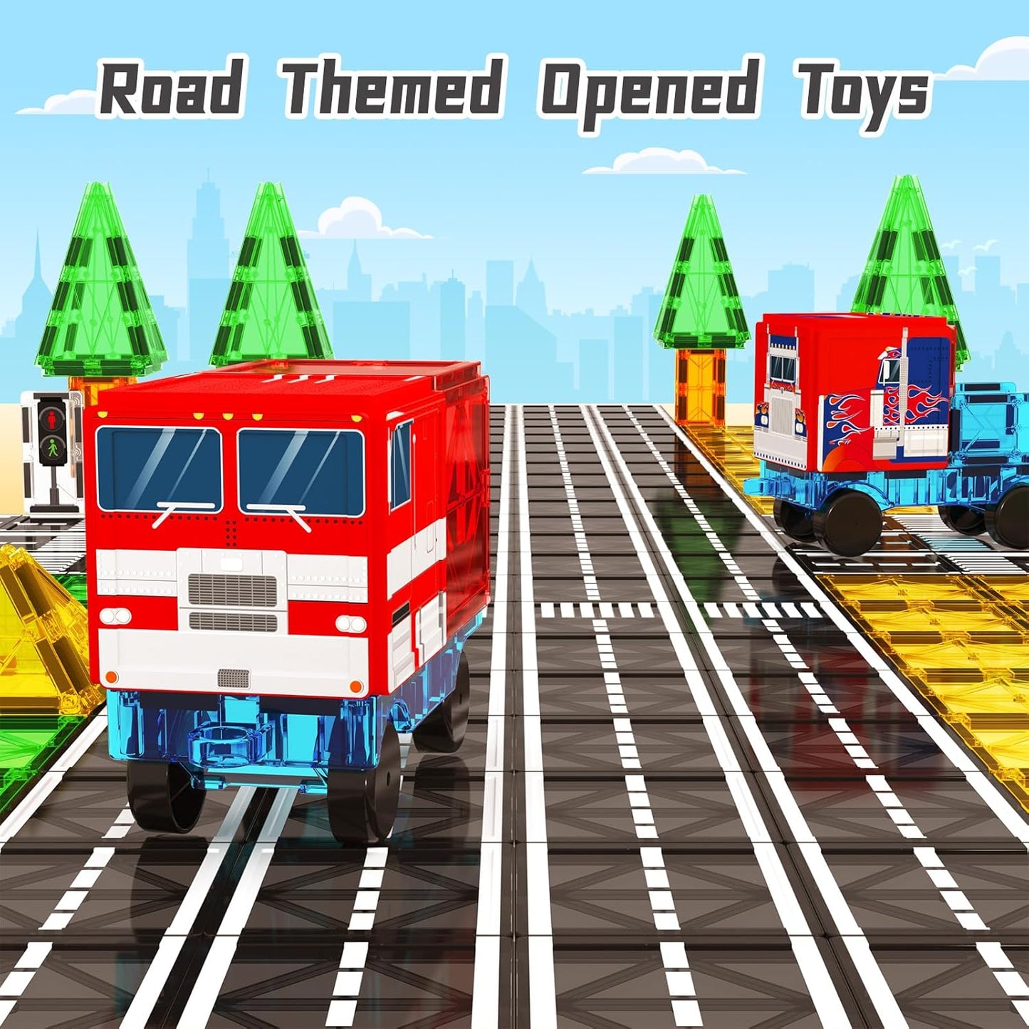 Magnetic Tiles, Magnetic Blocks Engineering Construction Vehicle Road Set, Toddler Toys for 3 4 5 Year Old Boys Girls Montessori Preschool Classroom Must Haves STEM Educational Kids Toys Birthday Gift