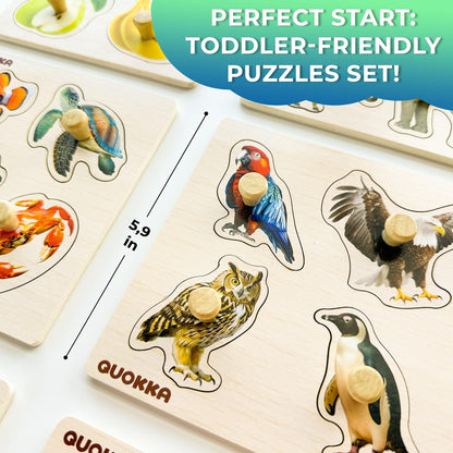 QUOKKA Wooden Puzzles for Toddlers 1-3 - 6XSET Toddler Puzzles Ages 2-4 with Rack - Learning Alphabet - Numbers - Animals Montessori Toy for Kids 3-5 - Wood Games Gift for Boys and Girls