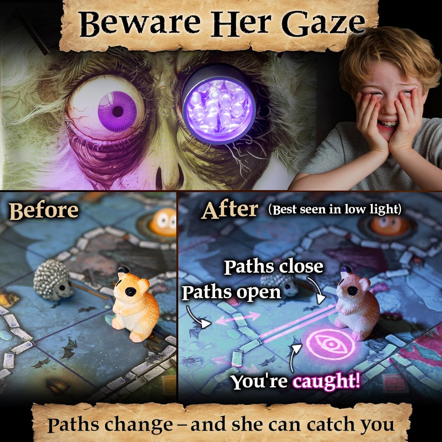Enchanted Maze - A Light Up Board Game for Families | Ages 5+, 1-6 Players | Cooperative, Competitive and Solo Play Options | with “Secret” LED Light up Tiles, dice, Animal Figurines and a Hag!