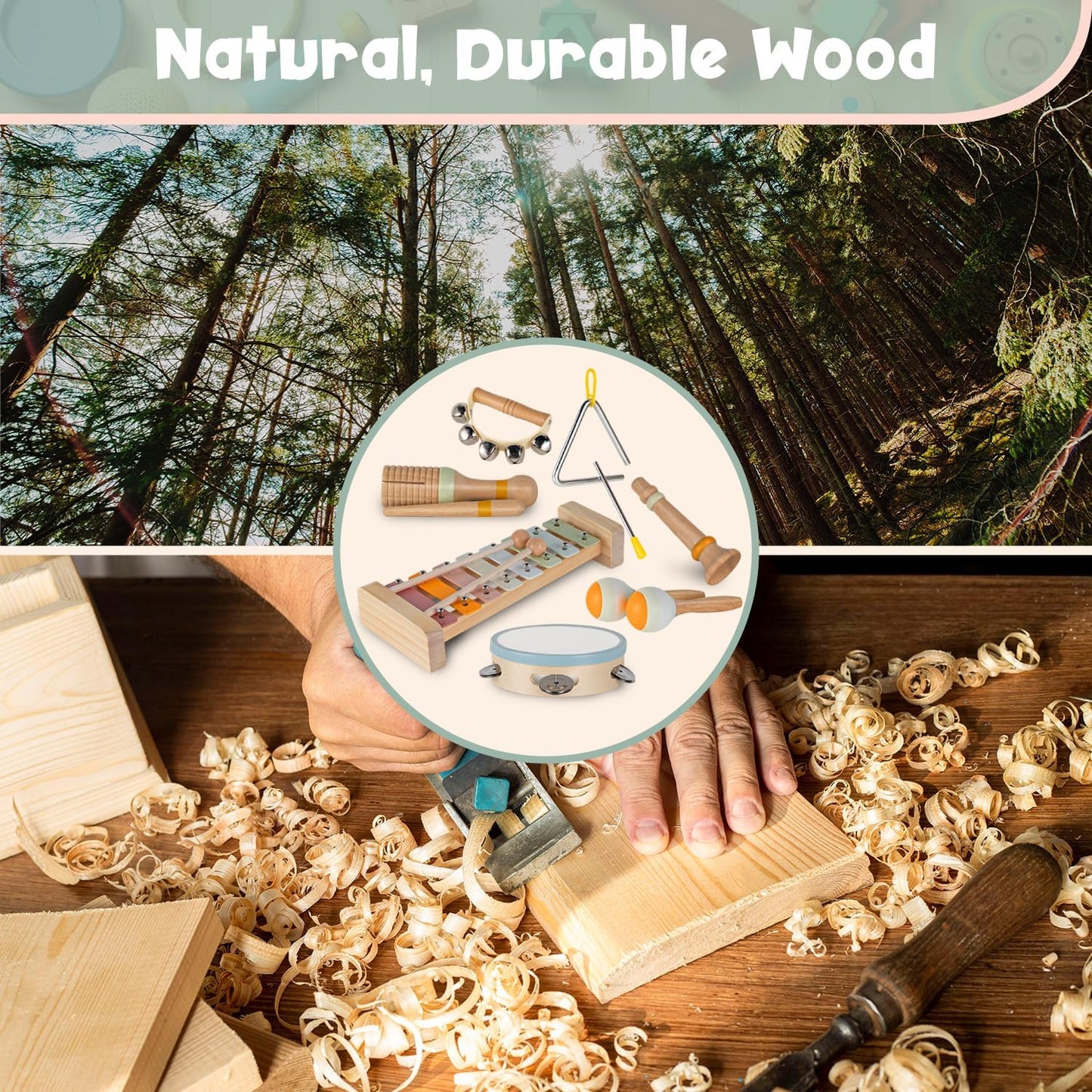 Stoie's Wooden Toddler Musical Instruments with Drum, Hand Bells, Flute, Maracas, Castanet, Tamburine, for Babies and Kids, Eco Friendly Montessori Educational Toy