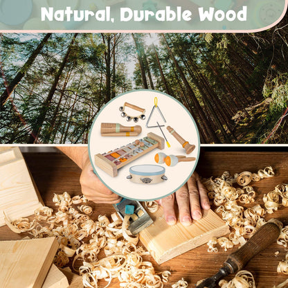 Stoie's Wooden Toddler Musical Instruments with Drum, Hand Bells, Flute, Maracas, Castanet, Tamburine, for Babies and Kids, Eco Friendly Montessori Educational Toy