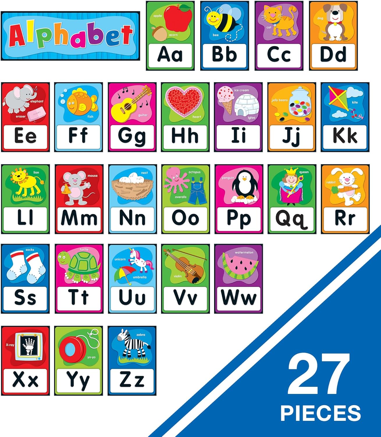 Carson Dellosa Education 26 pc Set of ABC Bulletin Board Decorations aids early learning with bright alphabet visuals and sight word images that help toddlers build strong foundational sound skills.