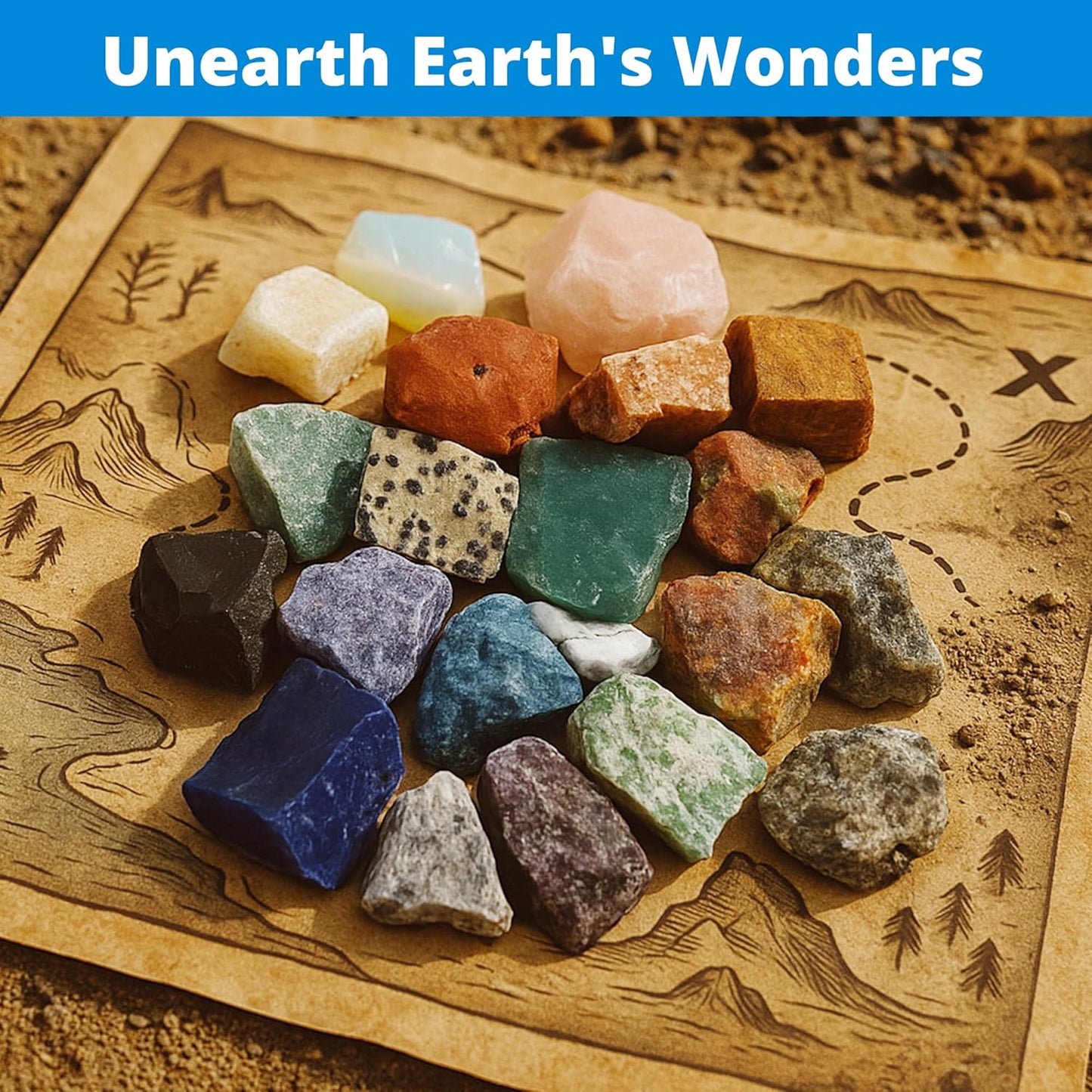 PIBEX Rock Collection Starter Kit - 54 Pcs Assorted Gemstones, Crystals, Rocks & Minerals, with Learning Book & ID Cards, Earth Science Kit Toy, A Geology Gift for Kids & Adults Ages 8+
