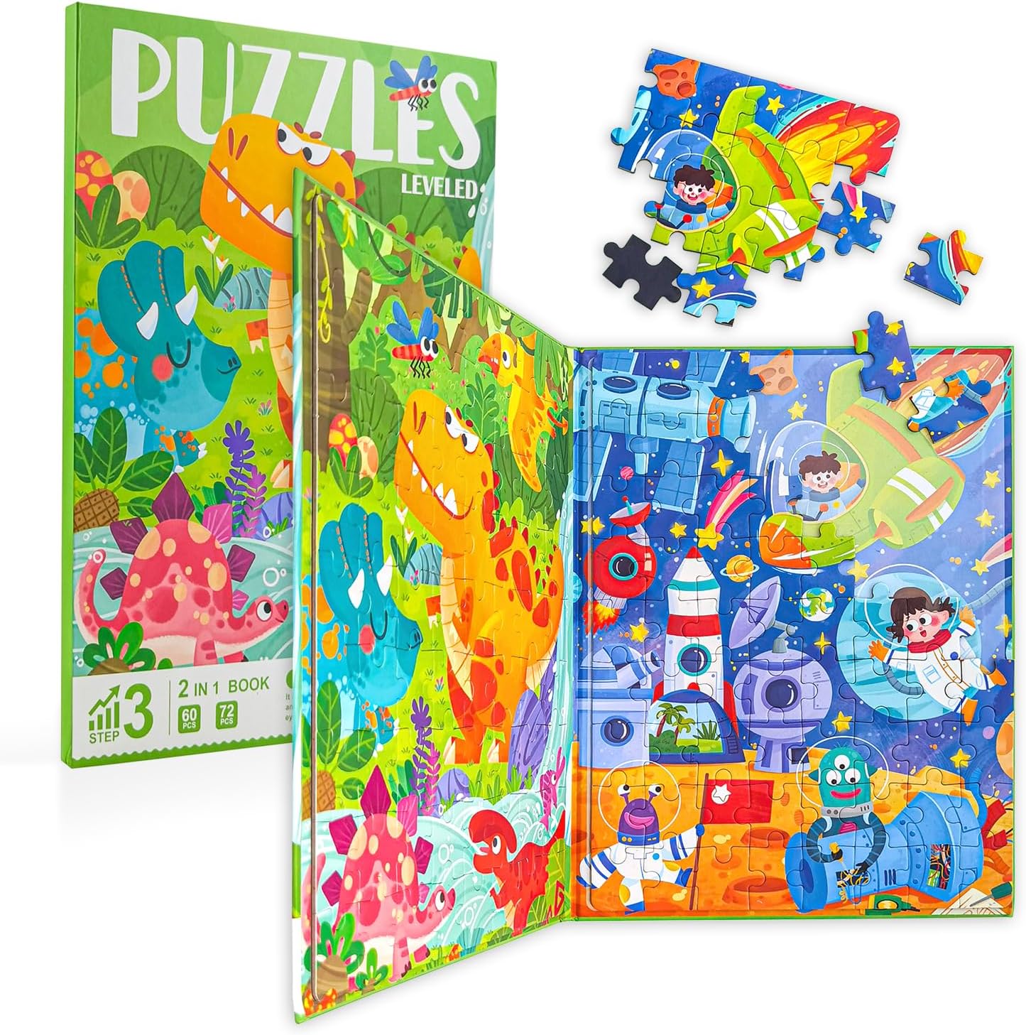 D-KINGCHY Magnetic Puzzles for Kids Ages 5+, 2-in-1 Puzzle Book 60 72 Pieces, Travel Jigsaw Puzzles, Road Trips Toys for 5 6 7 8 Boys Girls Birthday Gift (Dinosaur and Space)