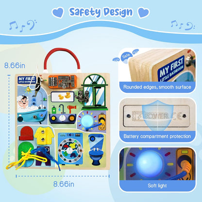 Busy Board Montessori Toys for Toddler 1-3 Year Old, Wooden Sensory Board with LED Light Switches,Bathroom Theme Travel Toys for 1+ Year Old Boy & Girl Birthday Gift