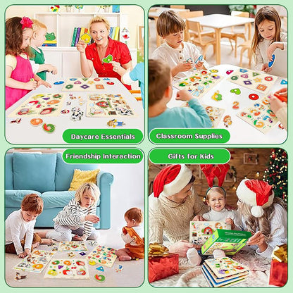 Wooden Puzzles for Toddlers, 4 Pack Montessori Toys Preschool Learning Puzzles for Baby, Farm, Shapes, Animals, Fruits Wooden Peg Puzzles for Boys and Girls (4 Pack)