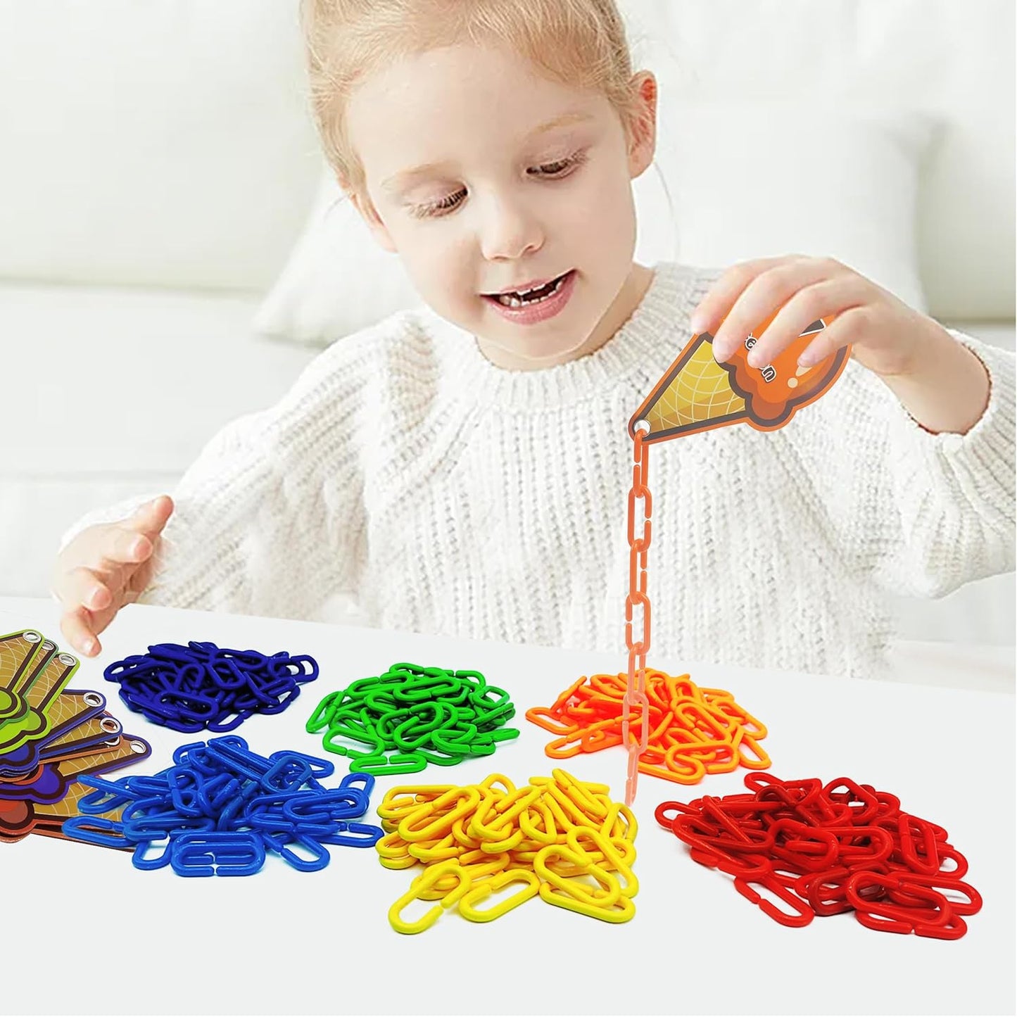 RAINBOW TOYFROG Chain Link Math Manipulatives - 240 C Clips Plastic Chain Links & 20 Ice Cream Cards for Counting & Linked Math Game - Learning Resources for Kindergarten Sensory