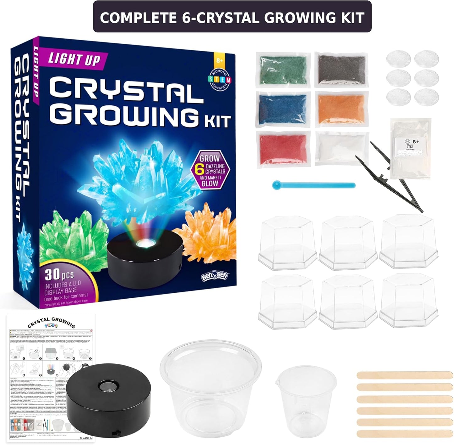 BenBen Light Up Crystal Growing Kit for Kids - Grow 6 Vibrant Crystals - STEM Science Experiments DIY Kit with LED Display Night Light Base - Educational Toys Birthday Gifts for Boys Girls Age 8-12