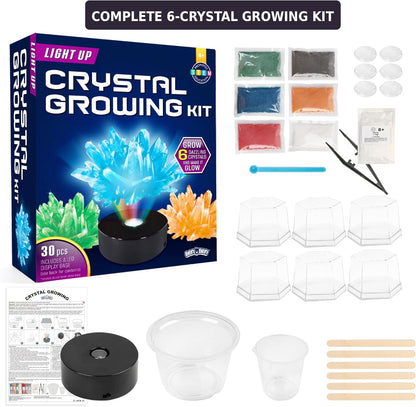 BenBen Light Up Crystal Growing Kit for Kids - Grow 6 Vibrant Crystals - STEM Science Experiments DIY Kit with LED Display Night Light Base - Educational Toys Birthday Gifts for Boys Girls Age 8-12