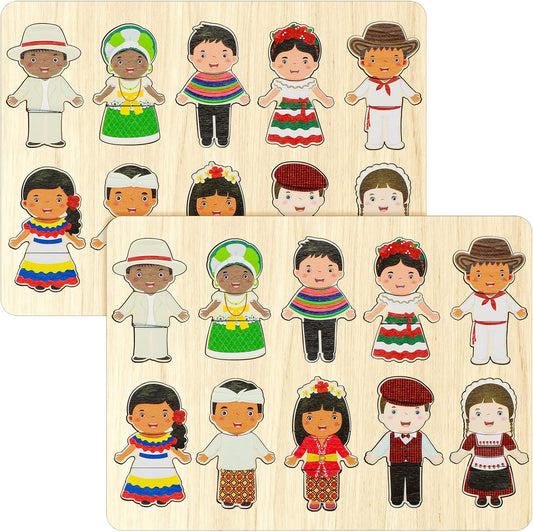 Leitee 2 Set Wooden Puzzle for Toddlers The World Racial Cognition Dress up Peg Puzzle Educational Multicultural Learning Puzzles Interchangeable Puzzles Learning for Kids Boys Girls