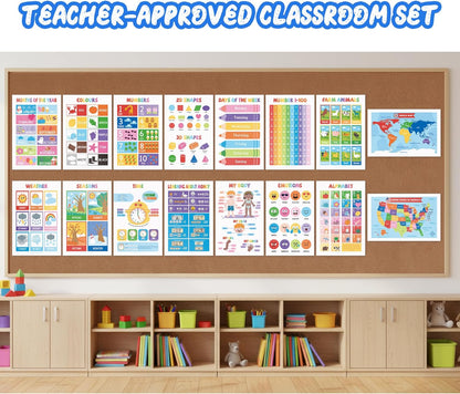 16 Laminated Educational Posters for Toddlers & Kids - Homeschool Supplies & Kindergarten Classrooms - Includes Alphabet ABC, Numbers 1-100, Shapes, Colors, World & USA Map (17x11", Ships Flat)