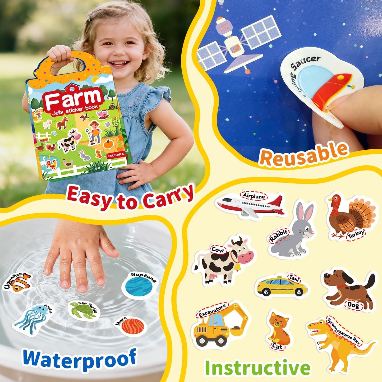 6 Sets Reusable Sticker Book for Toddlers 3-6, Jelly Sticker Books for Toddler, Travel Sticker Activity Toys for Kids 3 4 5 6 Years Old Girls & Boys