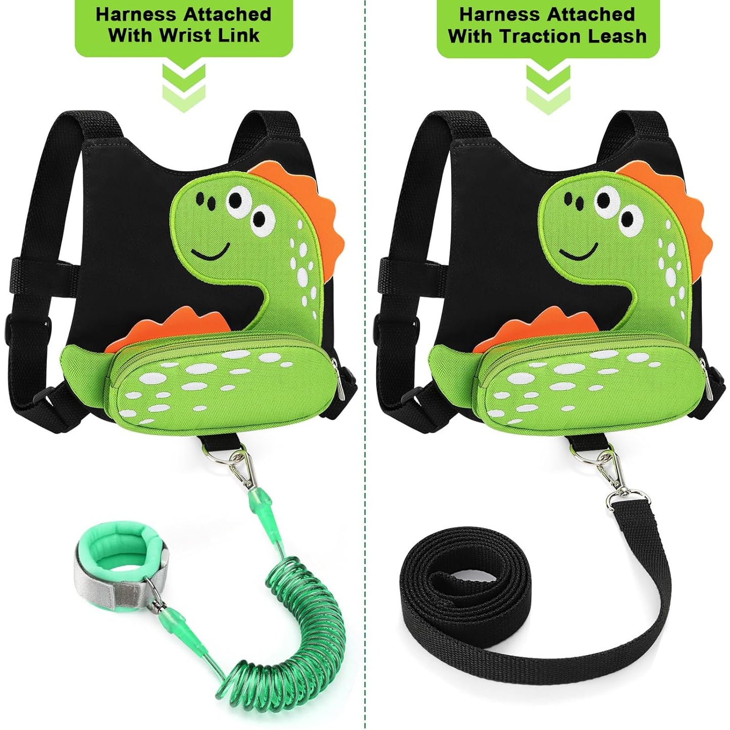3 in 1 Toddler Harness Leash + Baby Anti Lost Wrist Link, Accmor Cute Dinosaur Child Safety Harness Tether, Kids Walking Wristband Assistant Strap Belt for Parent Boys Outdoor Activity (Black)