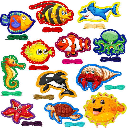 ZAUGONTW 12 Pcs Lacing Cards for Kids, Sea Animals Sewing Cards with 12 Colorful Laces, Thicken Double Sided Lacing Playing Games for Children Developing Imagination Education Supplies