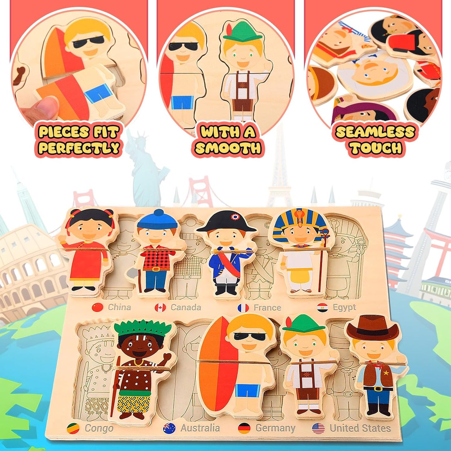 2 Set Wooden World Countries Puzzles for Toddlers 16 Mix and Match Racial Cognition Characters Diversity Educational Toys Multicultural Dress-Up Peg Puzzle Learning Toy for Boys and Girls