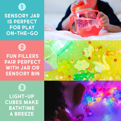 Glo Pals Water Activated Light-Up Sensory Bath Toy Play Jar, 4 Reusable Cubes and Fun Fillers for Bathtime and Sensory Play, Perfect for Kids and Toddlers, Easy As ABC