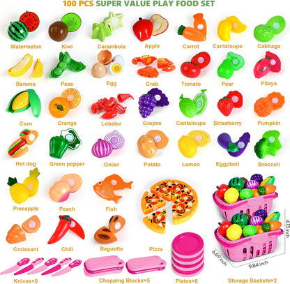 100 Pcs Play Food Set for Kids Kitchen, Pretend Food Toy for Toddlers Age 1-3, Plastics Cutting Fake Food/ Fruit/ Vegetable Accessories with 2 Baskets, Birthday Gifts for 2 3 4 5 Years Old Boys Girls
