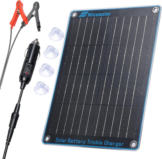Nicesolar 10W 12V Solar Panel Car Battery Trickle Charger & Maintainer with Cigarette Lighter Plug & Alligator Clip for Car Automotive Motorcycle Boat Marine Snowmobile Watercraft RV