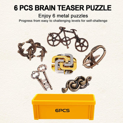 6 PCS Metal Brain Teaser Puzzles for Adults and Kids, Disentanglement Metal Logic Puzzle Set, IQ Mind Challenge Brain Games Toy Gift