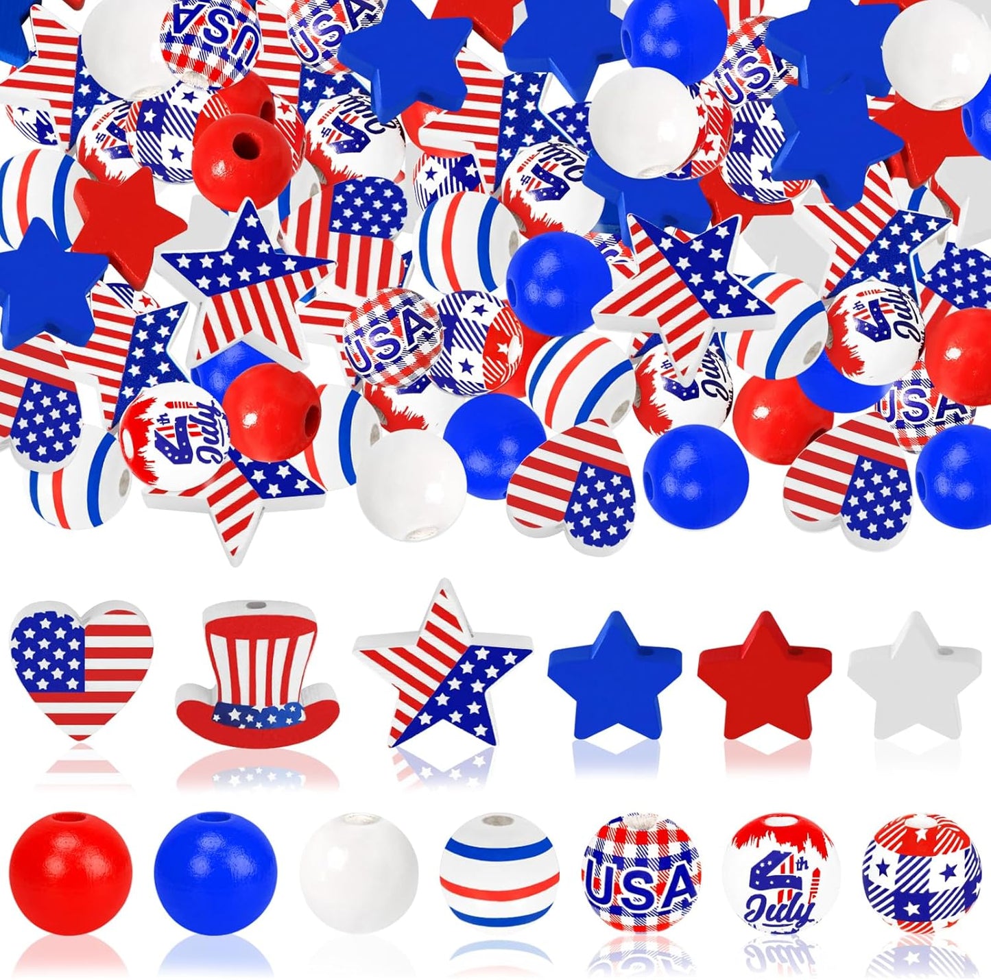 180Pcs 4th of July Wood Beads, Red Blue White Star Beads America Flag Patriotic Wooden Bead Independence Day Craft Bead Bulk for 4th of July DIY Garland Jewelry Making Home Decor