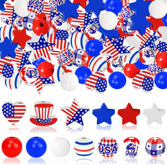 180Pcs 4th of July Wood Beads, Red Blue White Star Beads America Flag Patriotic Wooden Bead Independence Day Craft Bead Bulk for 4th of July DIY Garland Jewelry Making Home Decor