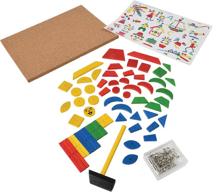 Hammer & Nail Design Kit – Montessori STEM Engineering & Geometry Building Set with 60 Wooden Tiles, Tacks, Hammer & Reusable Cork Board
