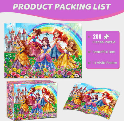 Princess Castle Jigsaw Puzzles for Girls Ages 6-8, 200 Piece Jigsaw Puzzle with Rainbow & Fairytale Scenery, 1:1 Reference Poster Included, for Kids Ages 4-6 8-10