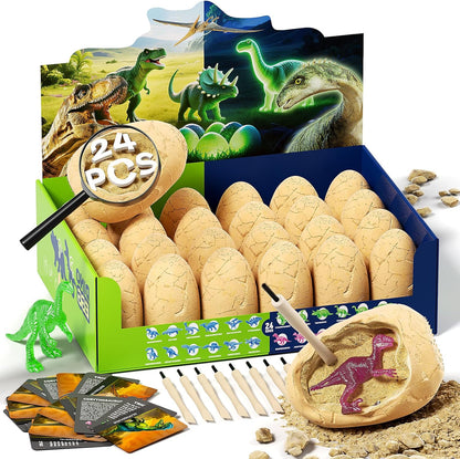 24 Dinosaur Eggs Dig Kit Toys for Kids, Dinosaur Eggs Excavation Kit with Magnifier, Easter Basket Stuffers, Science STEM Birthday Party Favors Gifts for Boys Girls Age 3 4 5 6 7 8 9 10 + Years Old