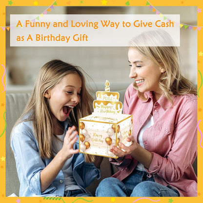Birthday Money Box for Cash Gift Pull, Surprise Gift Boxes for Money, Money Holder Box with Pull Out Happy Birthday Card and 50Pcs Transparent Bags, Money Gift Ideas for Kids and Adults