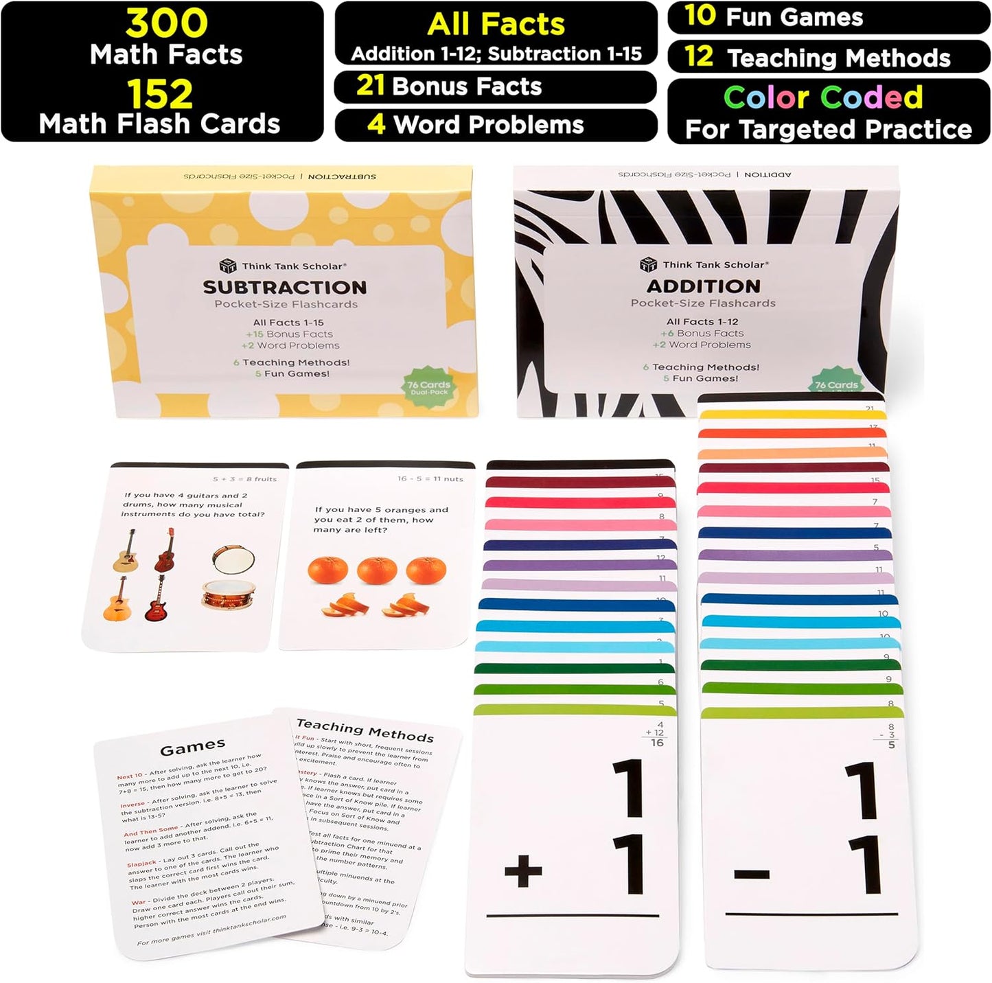 Think Tank Scholar 346 Addition and Subtraction Flash Cards Set (Award Winning) All Facts Color Coded, for Kids in Kindergarten, 1st, 2nd, 3rd Grade Class or Homeschool - Games & Chart
