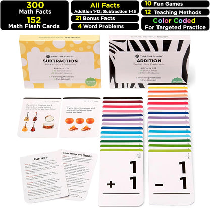 Think Tank Scholar 346 Addition and Subtraction Flash Cards Set (Award Winning) All Facts Color Coded, for Kids in Kindergarten, 1st, 2nd, 3rd Grade Class or Homeschool - Games & Chart
