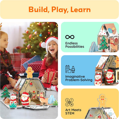 PicassoTiles Magnetic Tile Christmas Holidays Cottage Building Set with Santa Elves Nutcracker 6 Character Figures STEM Educational Construction Toy Winter Magnet Block Gift for Kids Age 3 Plus PTQ08