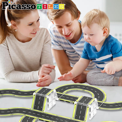 PicassoTiles Magnetic Tiles Race Track Car Thrilling Toy Playset Includes 2 Racing Trucks STEM Educational Magnet Tile Building Block Construction Set for Toddlers Boys Girls Ages 3 and Older PTR30